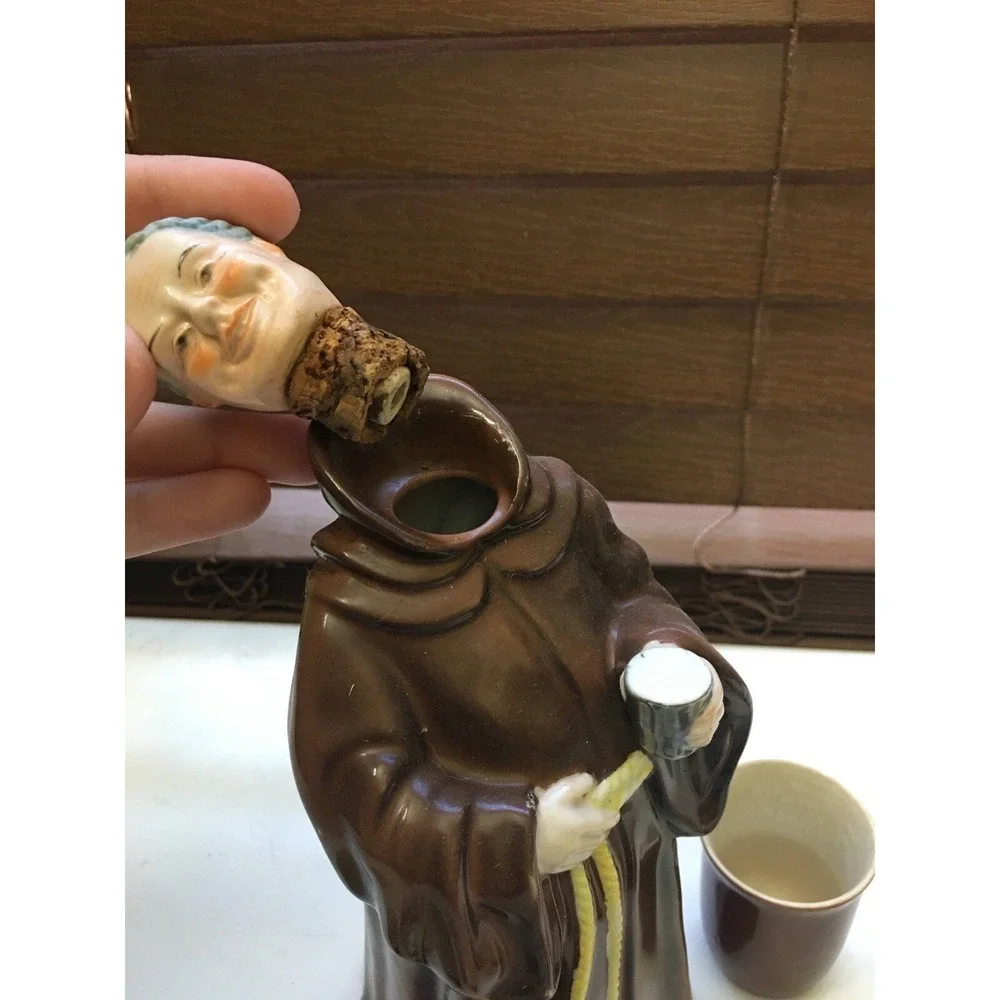 Antique 1940s Monk Wine Decanter Set Ceramic With 6 Cups Japan MCM Barware Brown